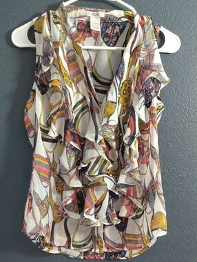 Cache Y2k Vibrant Elegant Shoe Print Sleeveless Button Up Blouse Vintage 1990s